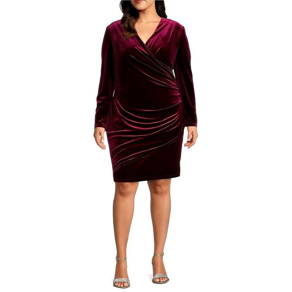 Alex Marie Womens Plus Nikki Wrap V Neck Velvet Long Sleeves Dress 22W Burgandy